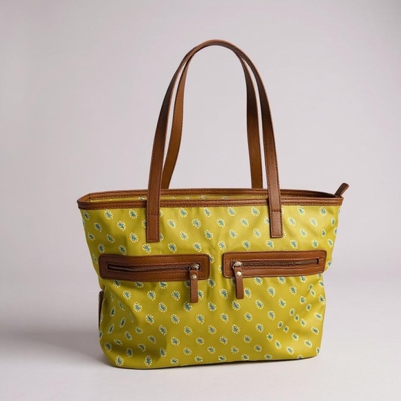 BUENO TOTE PURSE - Light Yellow Green with Blue/White Droplets - Picture 1 of 16